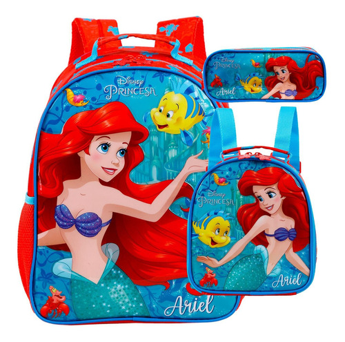 Conjunto Sereia Ariel Mochila + Lancheira + Estojo