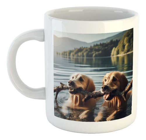 Taza Ceramica Perro Jugando Con Rama En El Lago Golden