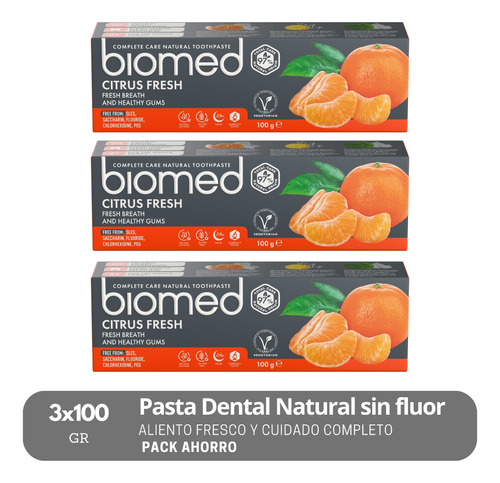 Pack 3 Pastas Dentales Sin Fluor Biomed Citrus Fresh 100g