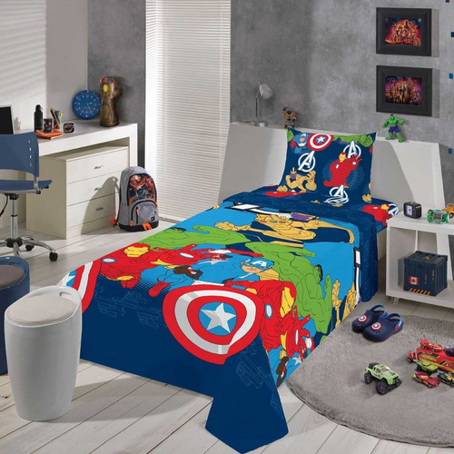 Jogo De Lençol Infantil Marvel Hulk Homem De Ferro Capitão Cor Azul Desenho Do Tecido Avengers