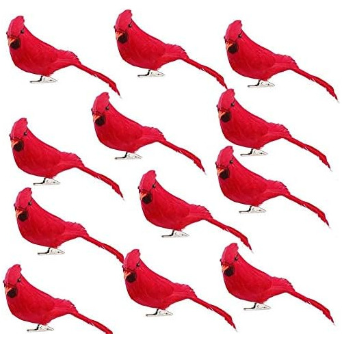 Paquete De 12 Adornos De Cardenales Rojos, Pájaros Roj...