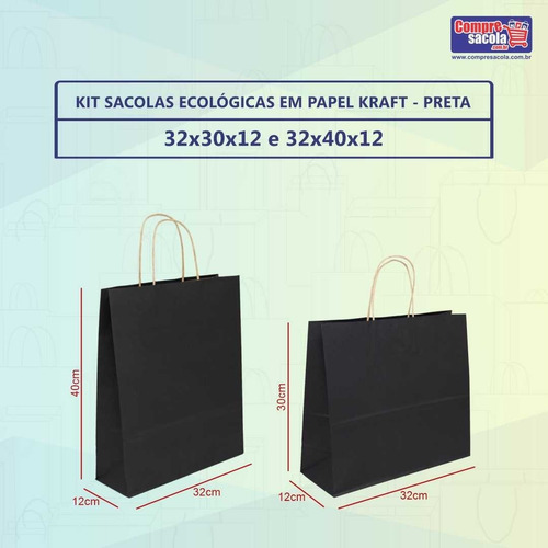Imagem 1 de 2 de Kit Sacolas Papel Kraft M E G 100 Un Preto
