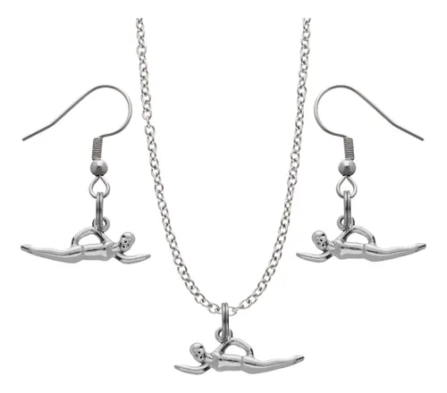 comprar Kit Collar Y Aretes Deportes Dije Balón Cadena Acero Regalo Plateado Nadador Natación