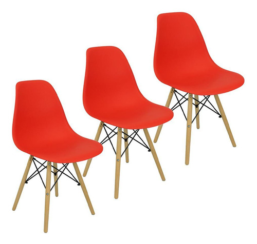 Kit 3 Cadeiras Charles Eames Eiffel Wood Design - Vermelha