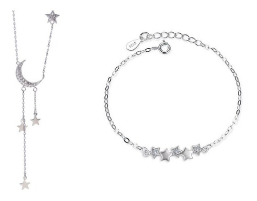 Juego Set Pulsera Collar Plata 925 Estrellas Mujer Elegante