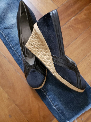 Zapatos Negros Taco Chino Gamuza Cuero Y Yute 37 Impecables