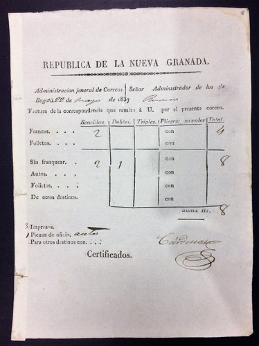 Bogotá Nueva Granada Factura Antigua De Correos 1837