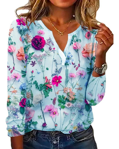 Polera De Mujer Floral De Manga Larga Y Escote En V