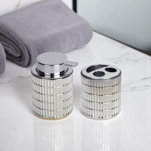 Set Accesorios Baño Dispenser Vidrio Porta Cepillo Plata