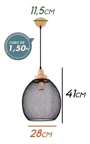 Pendente Copper Metal Cobre E Preto 1e27 41cm Xn003 Bella