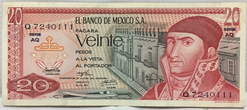 Billete Veinte Pesos Morelos 73 Familia Aa Serie Aq Q7240111
