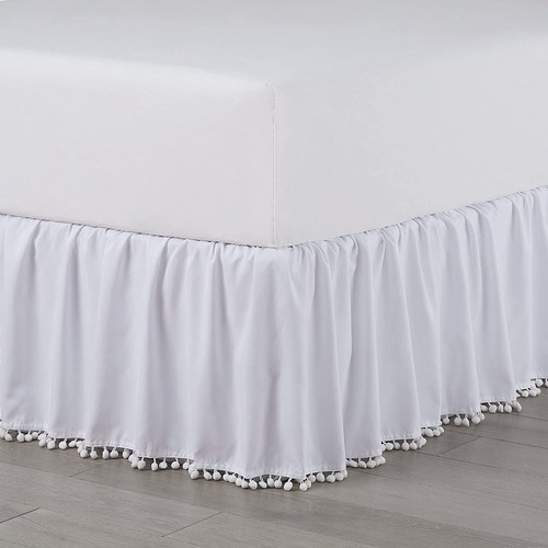 Pom Pom Tassle Plataforma Bedskirt, Completo, Blanco