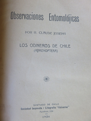 Claude Joseph Observaciones Entomológicas Odineros Chile 