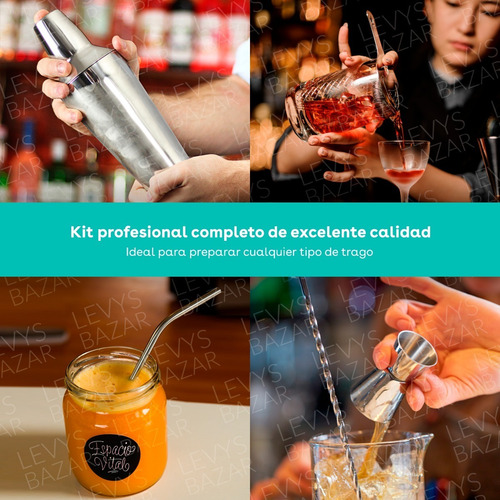 Imagen 3 de 9 de Set Kit Bartender Barman Coctelera Tragos Bebidas Acero Inox