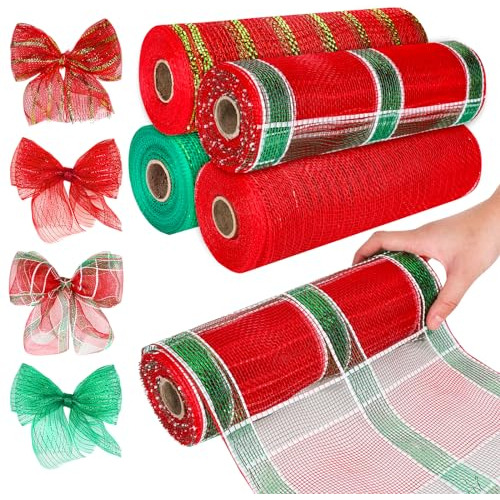 4 Rolls Christmas Mesh Ribbon Red Green Xmas Tree Decor...