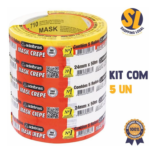 Imagem 2 de 5 de Fita Crepe 710 24mm X 50m Premium Adelbrás - Com 5 Rolos