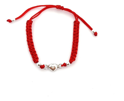 Pulsera Corazón Plata Fina 925 Cordón Rojo