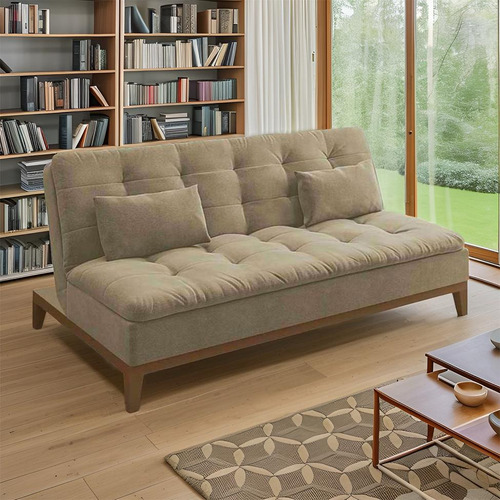 Sofá-cama 3 Lugares Casal Cássia Base Madeira Suede Bege