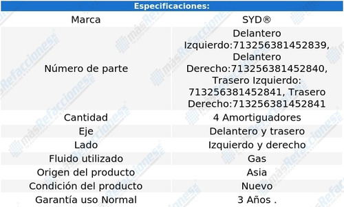Kit 4 Amortiguadores Gas Del Y Tras Spark De 2016 A 2020 Syd