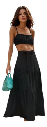 Conjunto Dos Piezas Crop Top Tirante Con Falda Larga Mujer