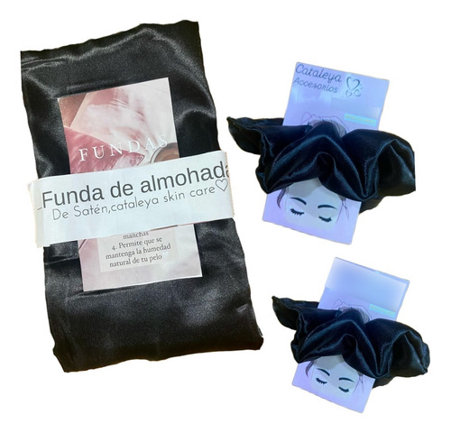 Fundas De Saten Con Solapa X 2 Unid Y 2 Scrunchie De Regalo Negro