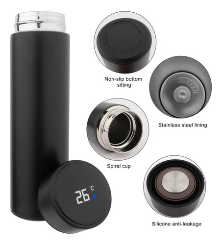 Termo/botella Sensor De Temperatura Led Acero Inox. 500 Ml. Negro