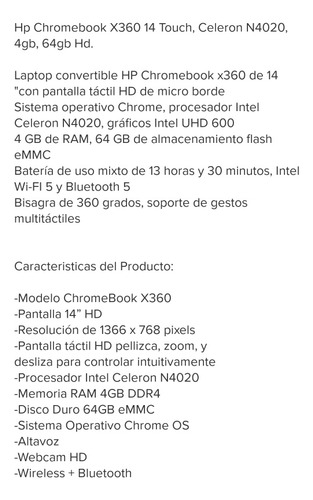 Laptop Crhomebook Hp X360 14 Touch, Celeron N4020. 4gb. 64