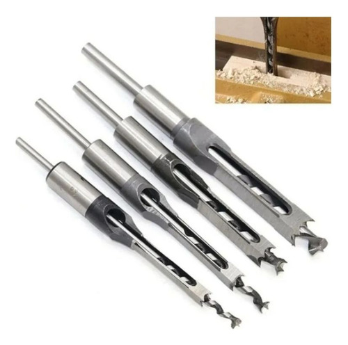 4 Brocas Furo Quadrado 1/4 5/16 3/8 1/2 Kit