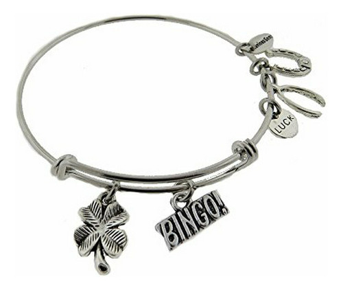 Brazalete - Bingo Four Leaf Clover Silver Tone Expandable Wi