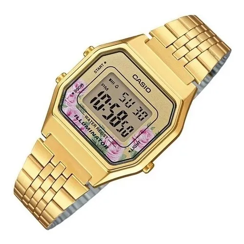 Reloj Casio Vintage Mujer Dorado Flores LA-680WGA-4C