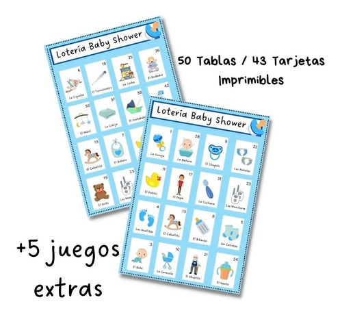 Imprimible Loteria Baby Shower 50 Tablas Formato Pdf Azul