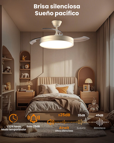 Ventilador de Techo Dorado Retráctil 42" con Luz LED de 3 Tonos, Motor DC Silencioso, 6 Velocidades, Control Remoto, Aspas Invisibles, Reversible para Verano e Invierno, Diseño Moderno Interior