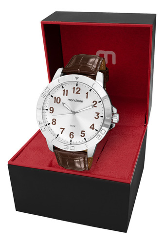 Relogio Mondaine Masculino Prateado Pulseira De Couro Marrom