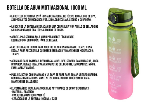 Imagen 5 de 10 de Bote Vaso De Agua Motivacional 1000 Ml Termo Cilindro Popote