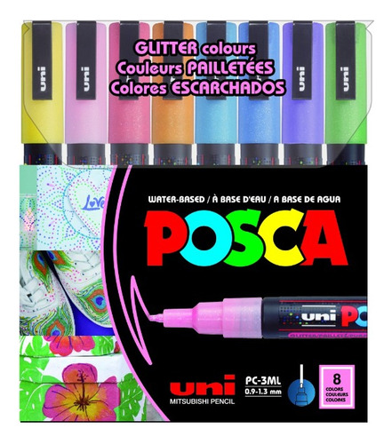 Estojo Caneta Marcador Posca Pc-3ml Glitter 8 Cores