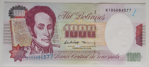 Imagen 1 de 2 de Billete Venezuela 1000 Bolívares Febrero 5 1998 K9 Unc