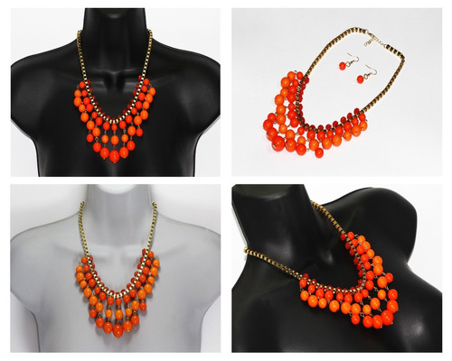 Collar Dama Mujer Vintage Moda Dorado Cuentas Naranjas Cc350