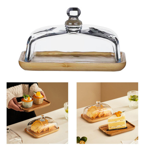 Plato Rectangular De Bambú For Tartas Con Tapa De Cristal
