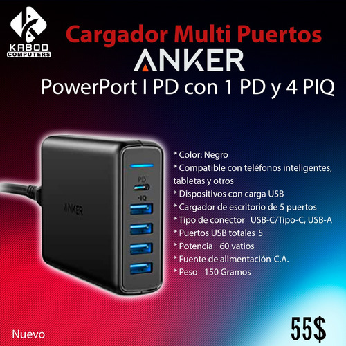 Cargador Anker 5 Puertos 60w Modelo A2056