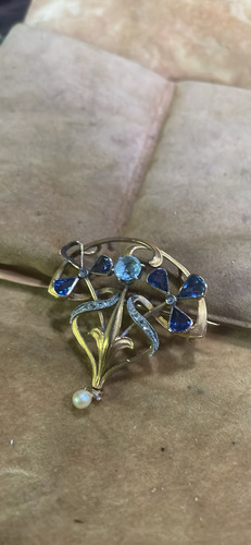 Broche Art Nouveau Oro Agua Marina Zafiros (Usado)