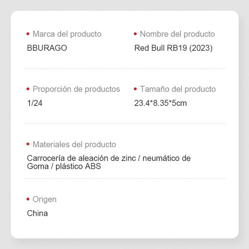 Burago F1 Redbull Rb19 #11 Checo Sergio Pérez Fórmula 1:24