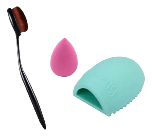 Maquillaje, Set Oval Brush + Limpiador De Cepillo + Esponja
