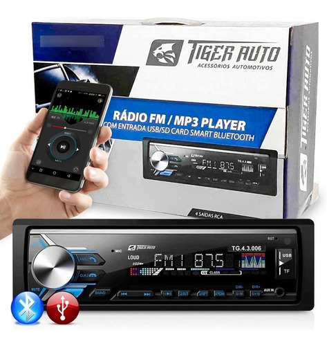 Som Automotivo Bluetooth Mp3 Usb Microsd Aux Radio Fm Tiger 