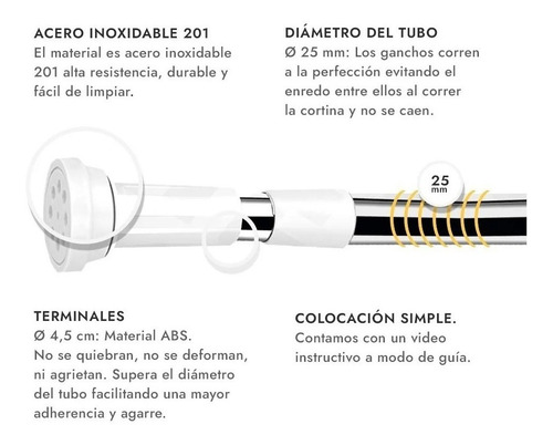 Barral Cortina Baño Extensible Acero Inoxidable 110-200cm
