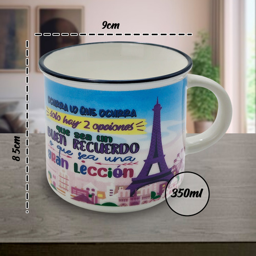 Taza Para Cafe Grande Porcelana Frases Torre Eiffel 350ml