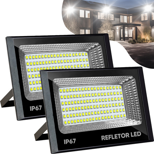 Kit 2 Refletor Super Led 200w Branco Frio Ip67 6500k 127/220V À Prova D'água