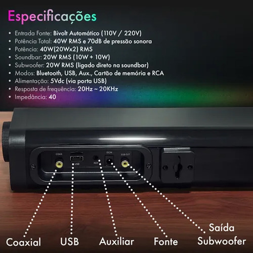 Home Theater Subwoofer Led Rgb Bluetooth Sd Usb Soundbar