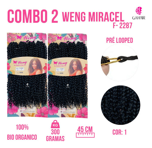 Combo 2 Cabelos Cacheado Weng Fibra Organica 300gr Miracel Cor Preto Cor 1b