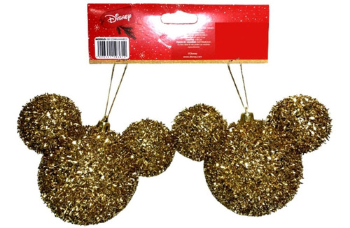 02 Bolas Enfeite Árvore Natal Mickey Dourado Glitter Disney
