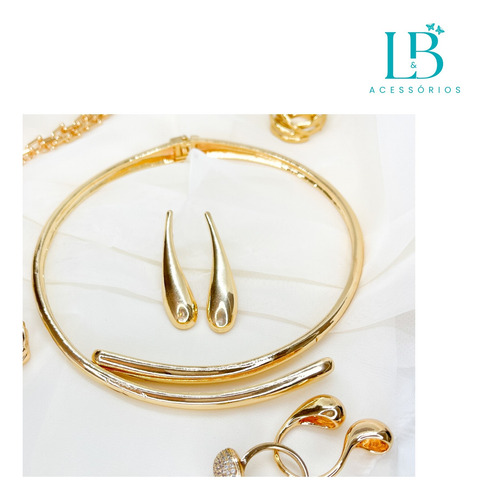 Conjunto Luxo: Gargantilha E Brinco Dourado L&b 40cm